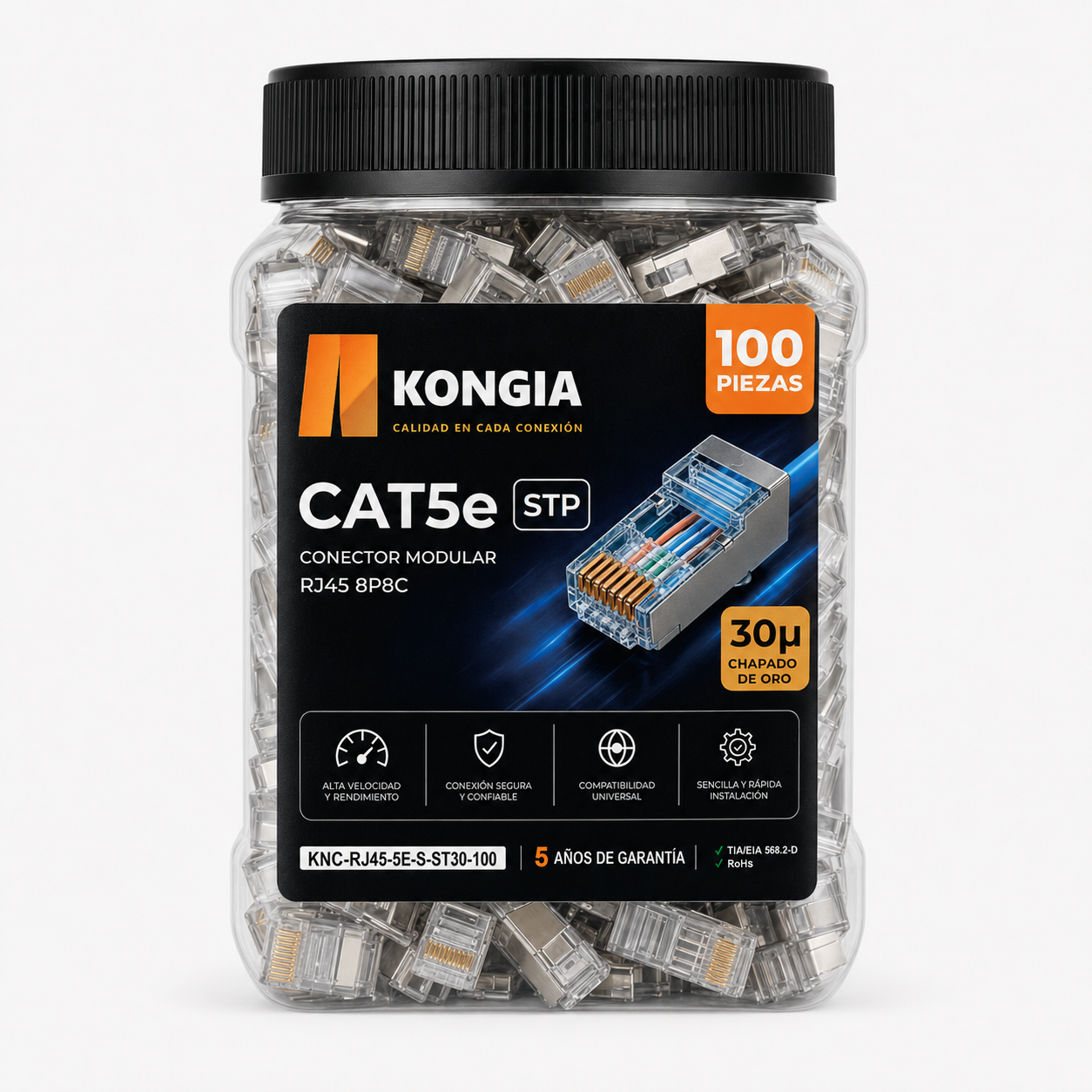 Bote con 100 piezas de conector RJ45 CAT5e Blindado, Chapado de oro a 30 Micras