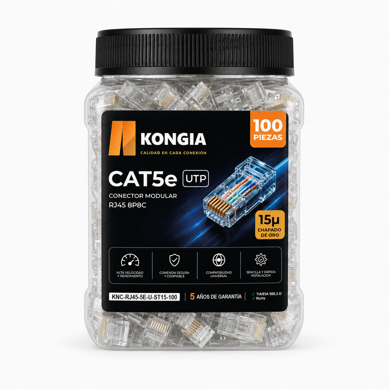 Bote con 100 piezas de conector modular RJ45 CAT5e, Chapado de oro a 15 Micras