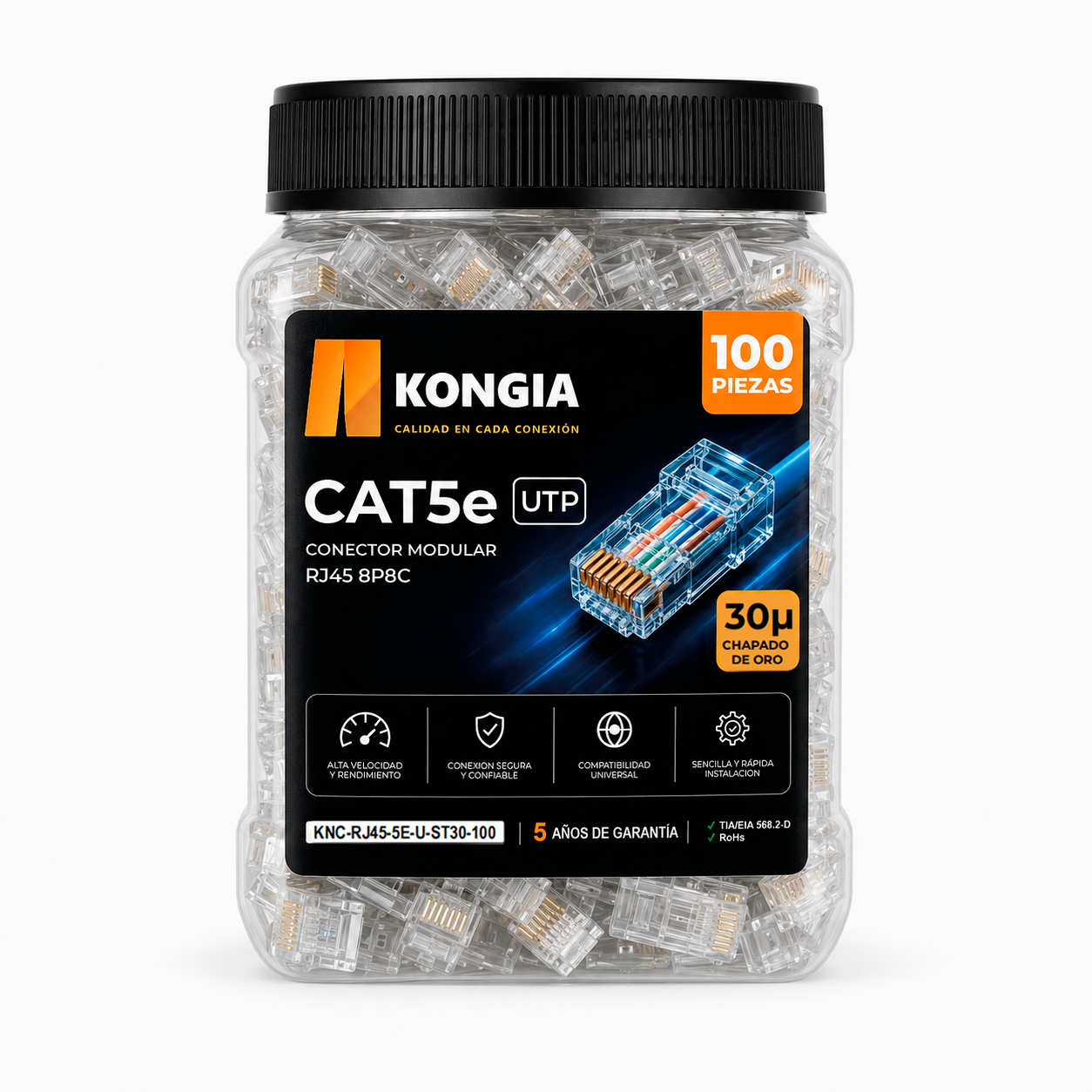 Bote con 100 piezas de conector modular RJ45 CAT5e, Chapado de oro a 30 Micras