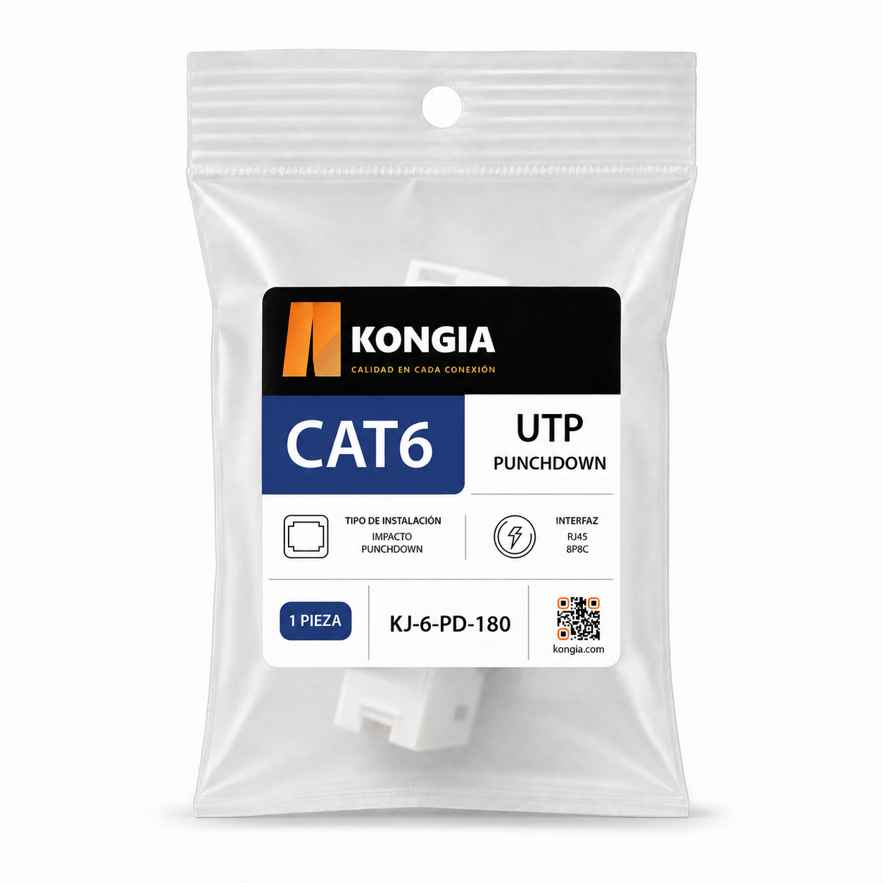 Módulo Jack Keystone CAT6 de impacto, con Terminación en Ángulo 180° tipo 110, Color Blanco