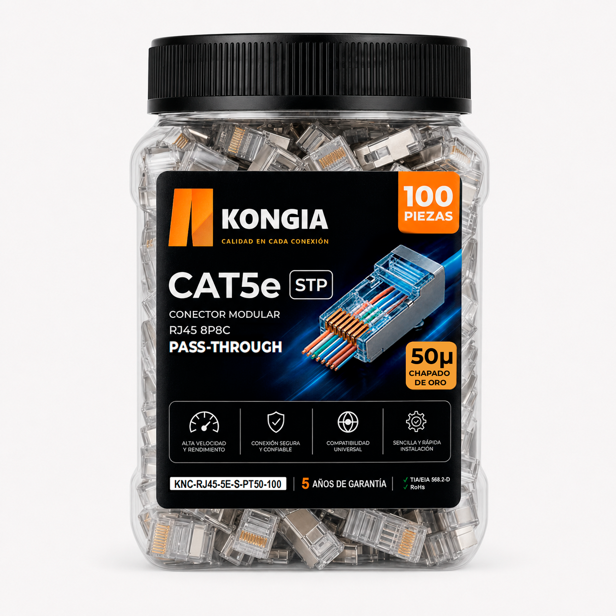 Bote con 100 piezas de conector modular RJ45 CAT5e STP de paso continuo, Chapado de oro a 50 micras