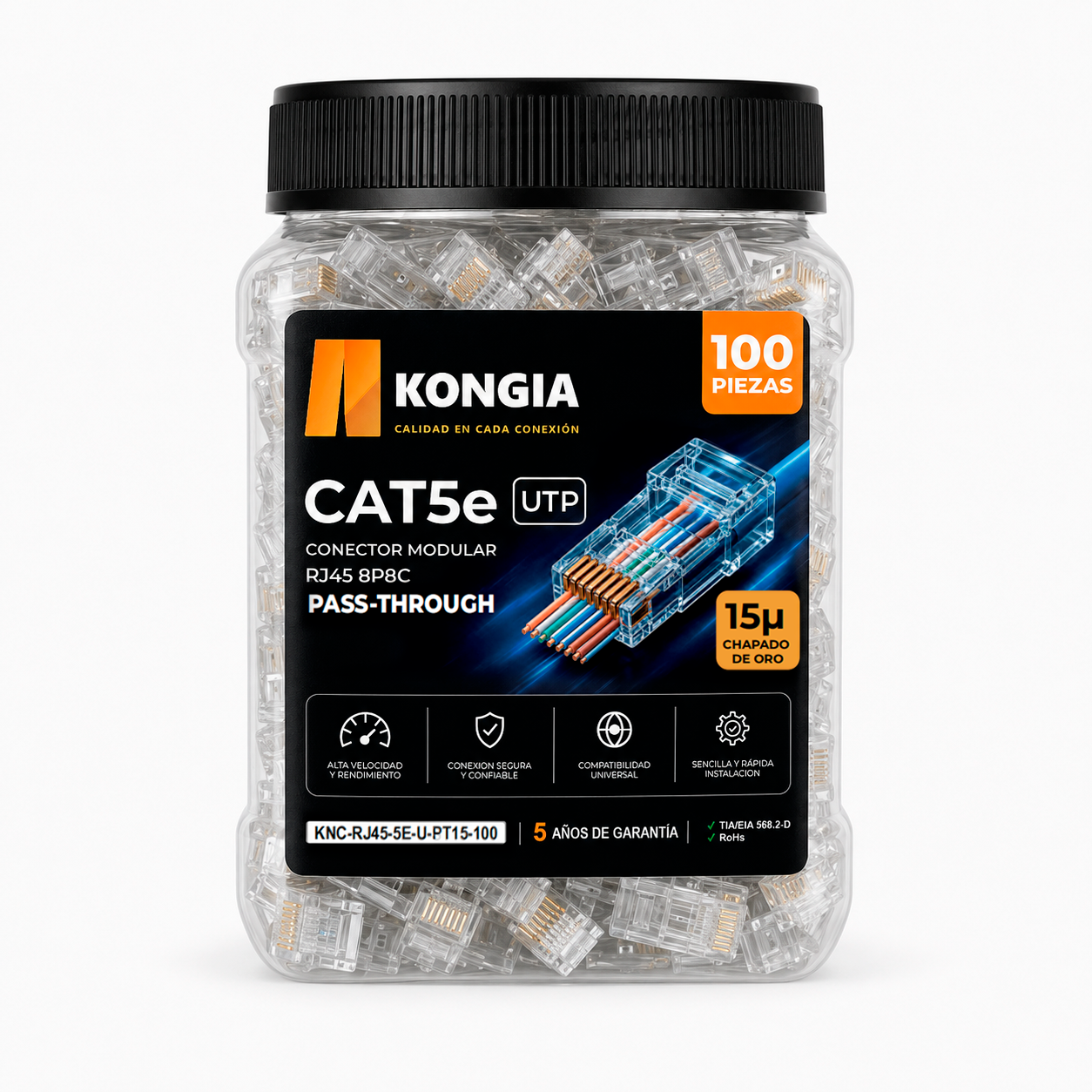 Bote con 100 piezas de conector modular RJ45 CAT5e UTP de paso continuo, Chapado de oro a 15 micras