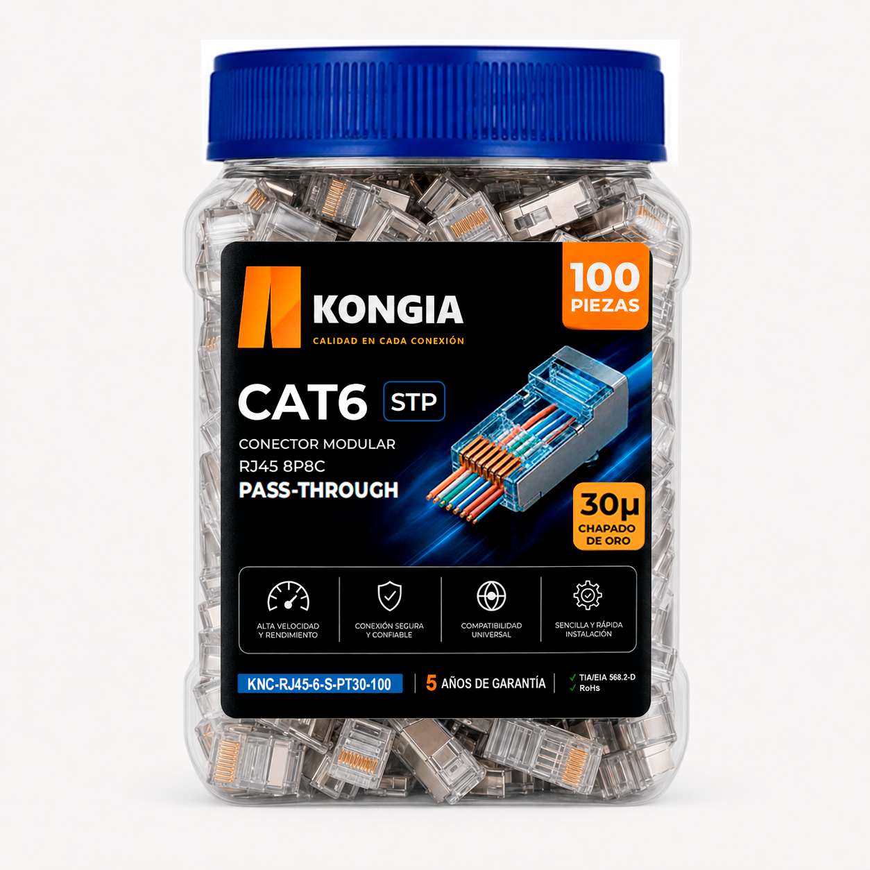Bote con 100 piezas de conector modular RJ45 CAT6 STP de paso continuo, Chapado de oro a 30 micras