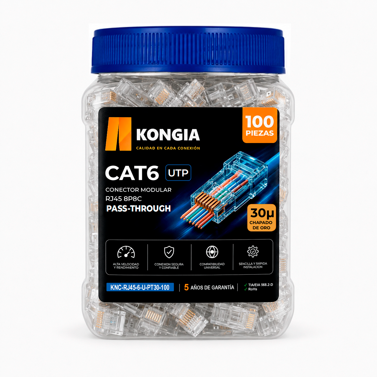 Bote con 100 piezas de conector modular RJ45 CAT6 UTP de paso continuo, Chapado de oro a 30 micras