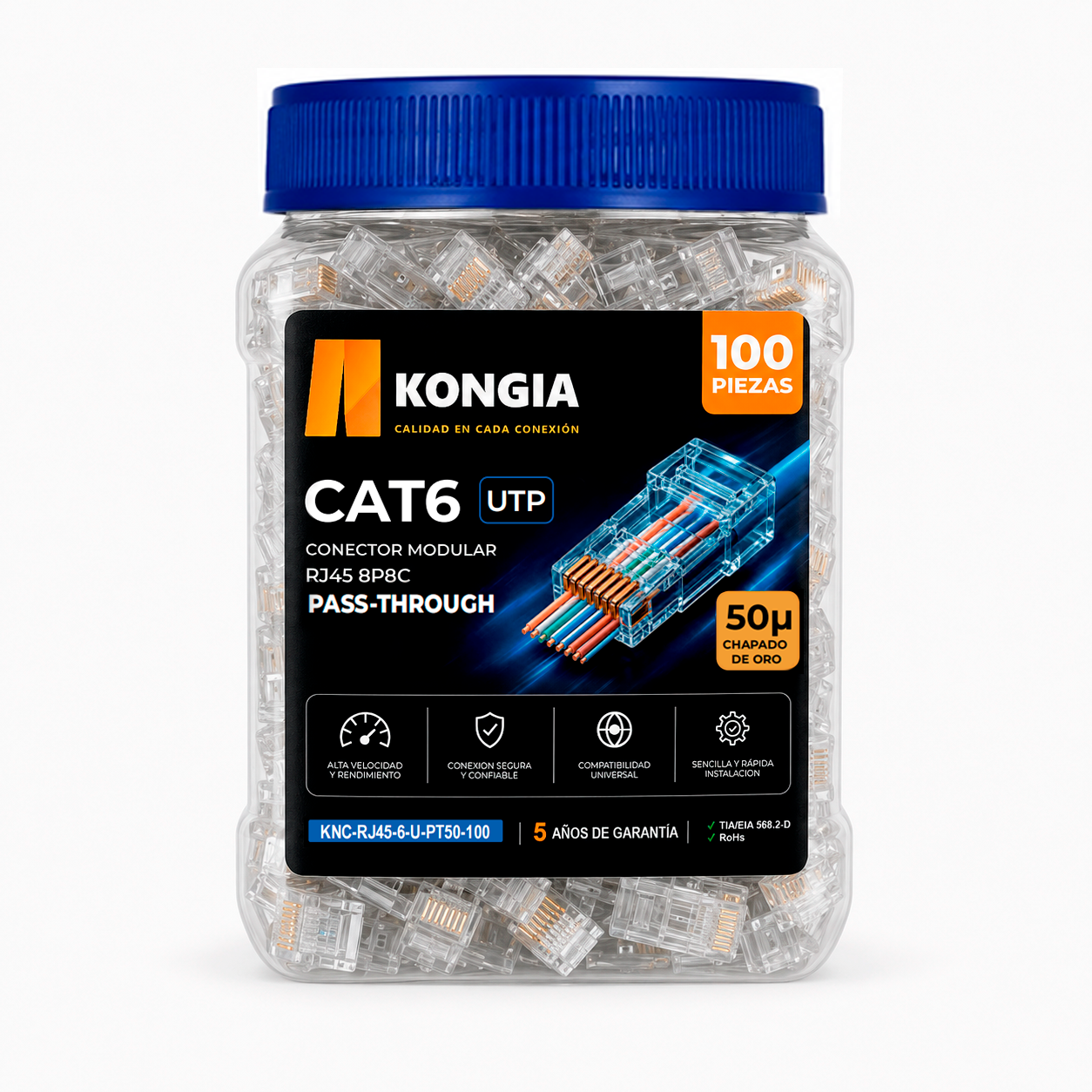 Bote con 100 piezas de conector modular RJ45 CAT6 UTP de paso continuo, Chapado de oro a 50 micras