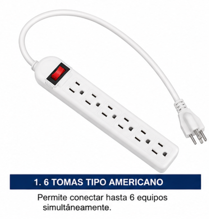 Regleta de 6 Tomas Tipo Americano, 15 A, Cable de 1.5 m