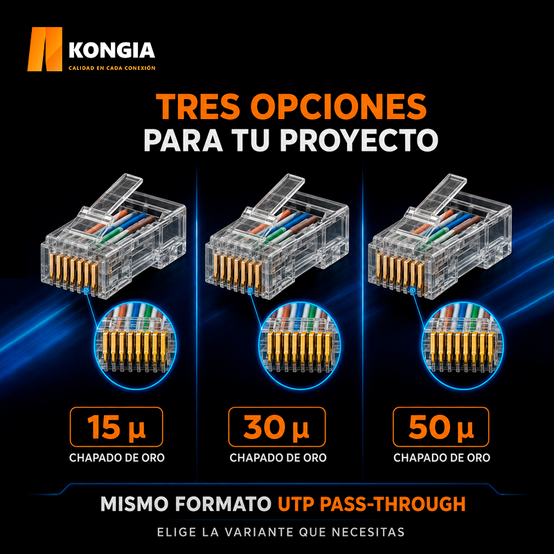 Escenarios de uso - Bote con 100 piezas de conector modular RJ45 CAT5e UTP Pass Through, Chapado de oro a 30 micras