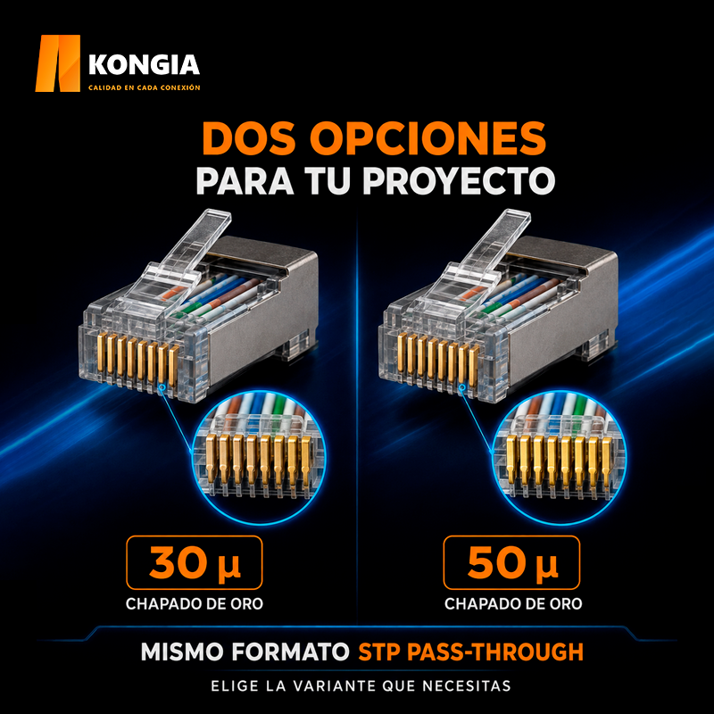 Escenarios de uso - Bote con 100 piezas de conector modular RJ45 CAT6 STP Pass Through, Chapado de oro a 50 micras