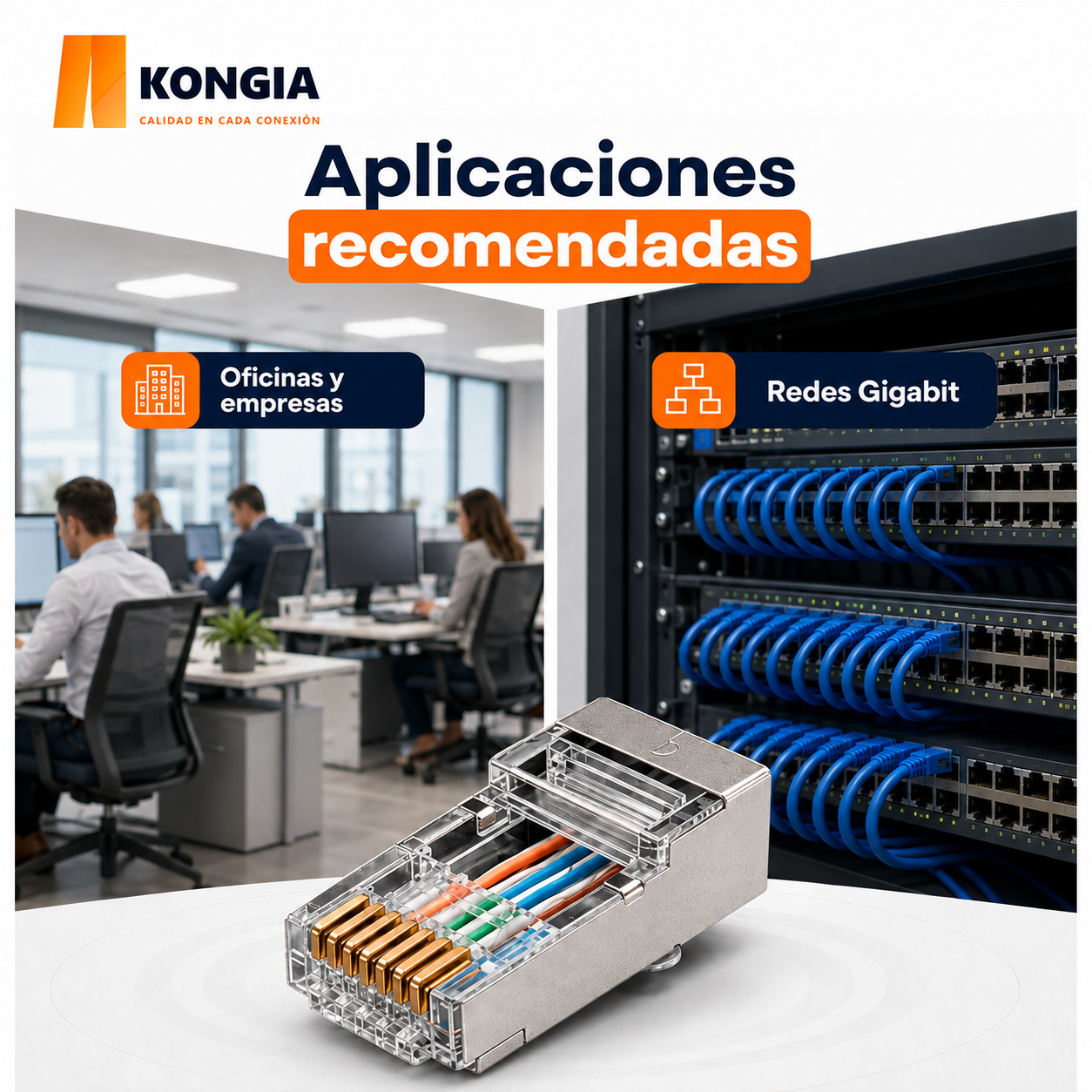Escenarios de uso - Bote con 100 piezas de conector modular RJ45 CAT6 STP, Chapado de oro a 30 micras