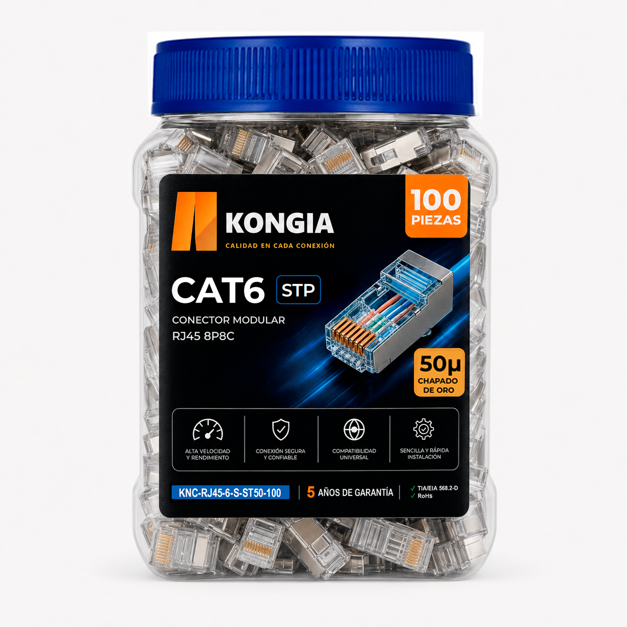 Bote con 100 piezas de conector modular RJ45 CAT6 STP, Chapado de oro a 50 micras