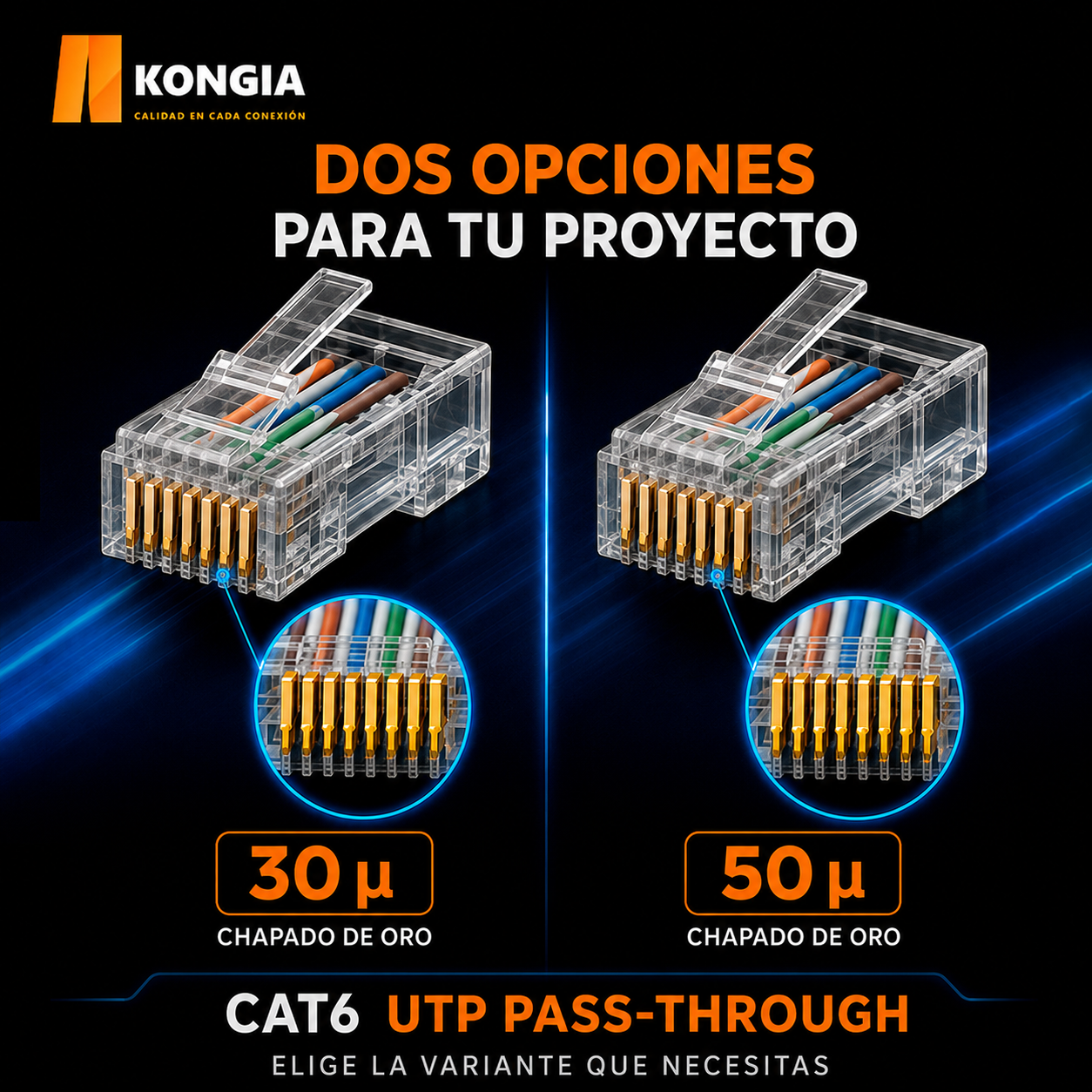 Escenarios de uso - Bote con 100 piezas de conector modular RJ45 CAT6 UTP Pass Through, Chapado de oro a 50 micras