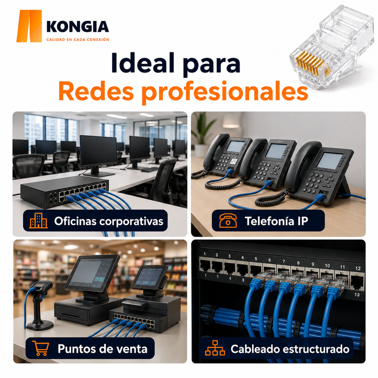 Escenarios de uso - Bote con 100 piezas de conector modular RJ45 CAT6 UTP, Chapado de oro a 50 micras