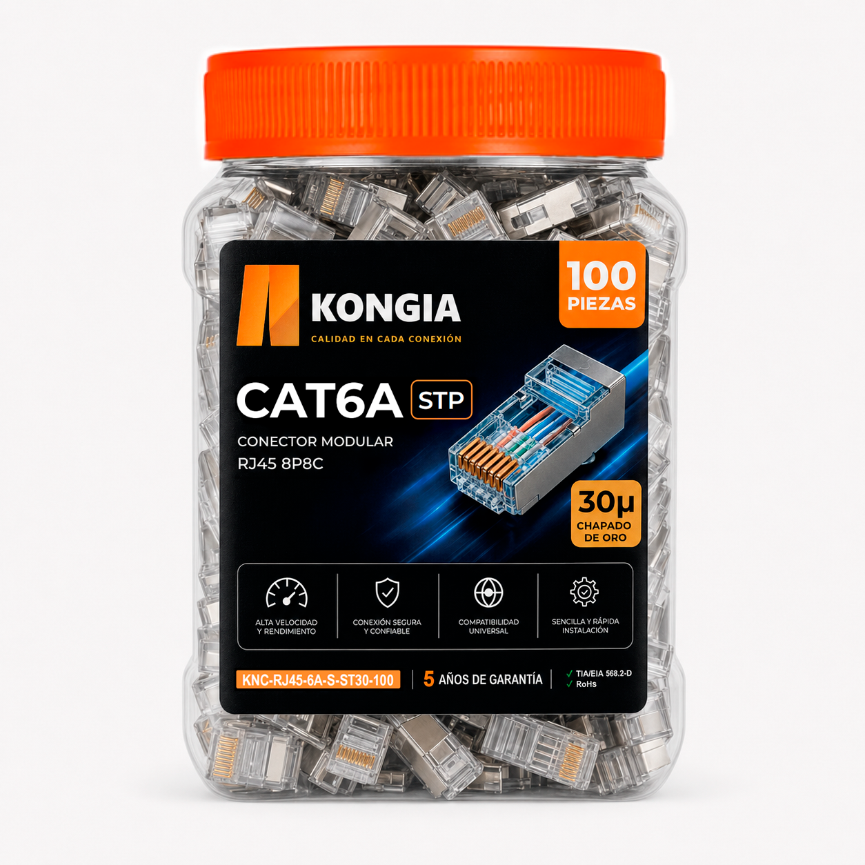 Bote con 100 piezas de conector modular RJ45 CAT6A STP, Chapado de oro a 30 micras