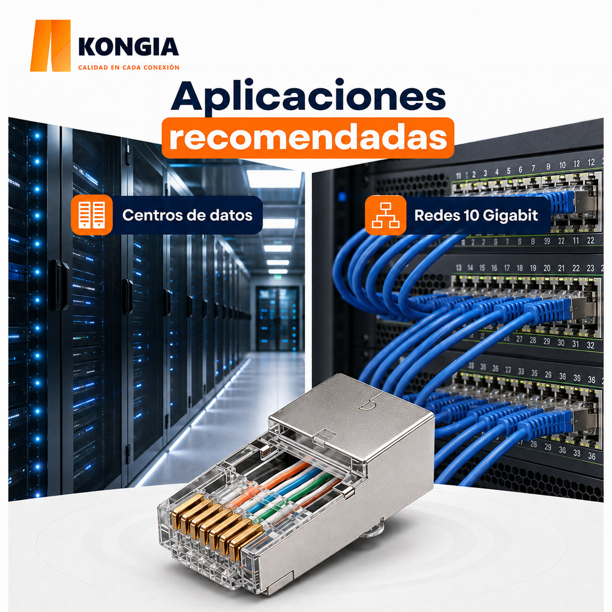 Escenarios de uso - Bote con 100 piezas de conector modular RJ45 CAT6A STP, Chapado de oro a 30 micras