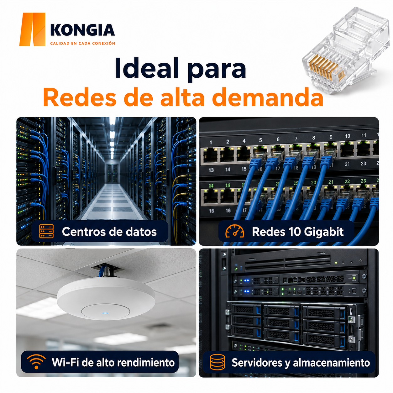 Escenarios de uso - Bote con 100 piezas de conector modular RJ45 CAT6A UTP, Chapado de oro a 30 micras
